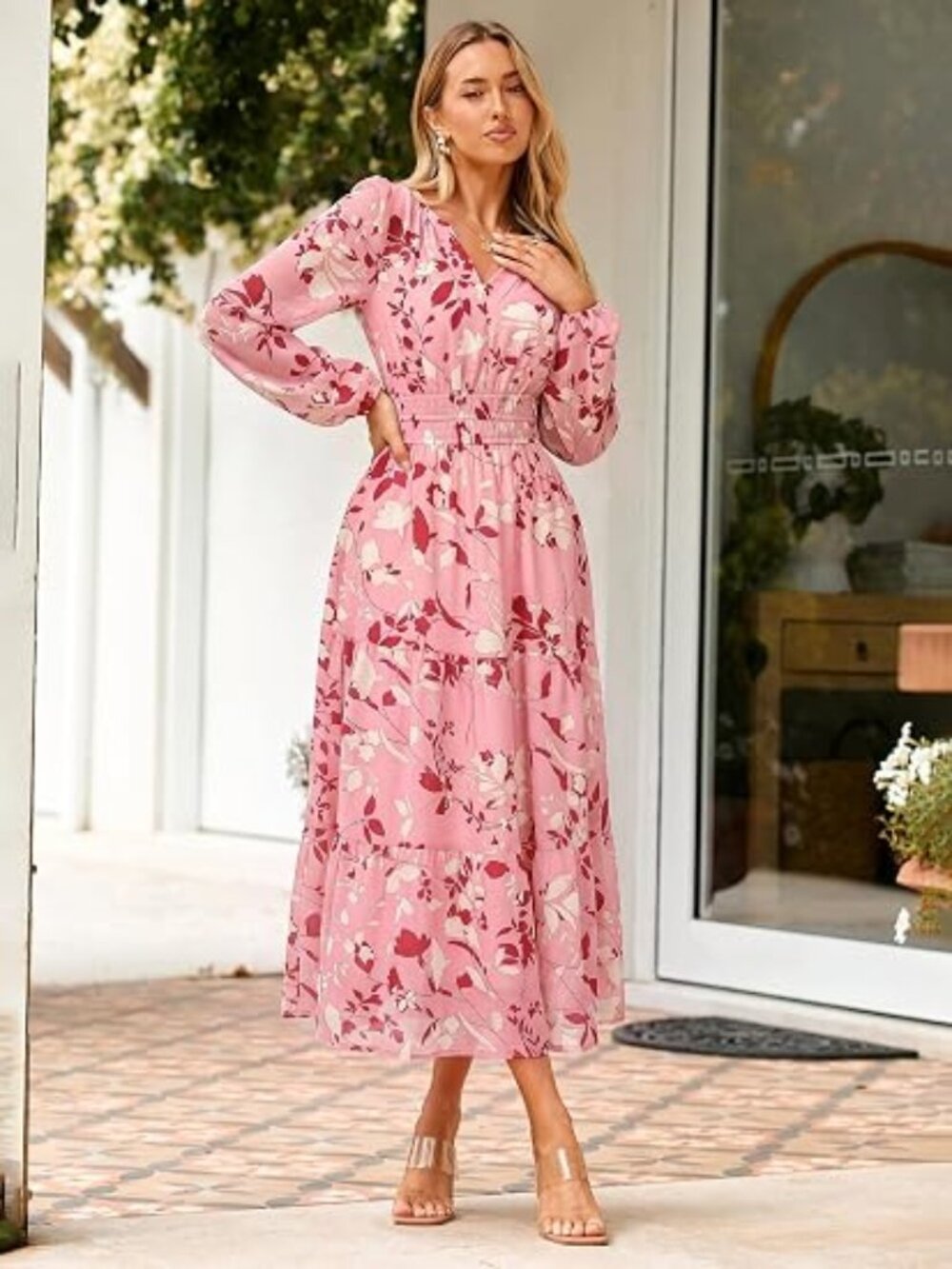 Women's Floral Boho Long Sleeve Maxi Dress V Neck Empire Waist Swing Flowy Weddi